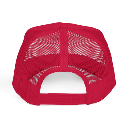 Embroidered 'LAURA' Red Foam Trucker Hat – Vintage Rainbow Stitch Mesh Cap