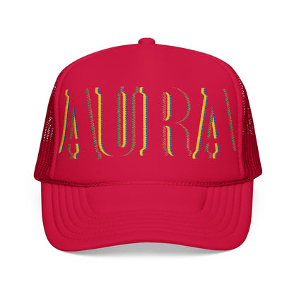 Embroidered 'LAURA' Red Foam Trucker Hat – Vintage Rainbow Stitch Mesh Cap