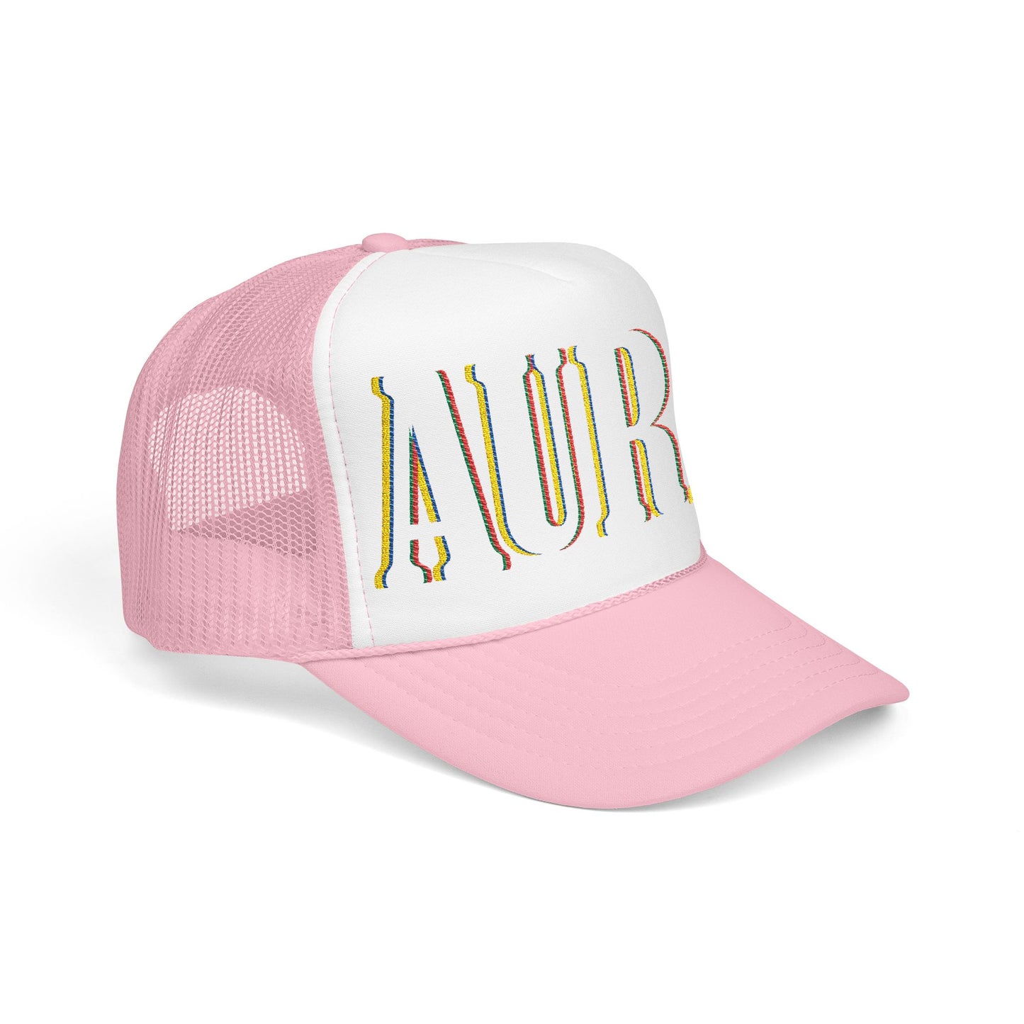 Embroidered 'LAURA' Red Foam Trucker Hat – Vintage Rainbow Stitch Mesh Cap
