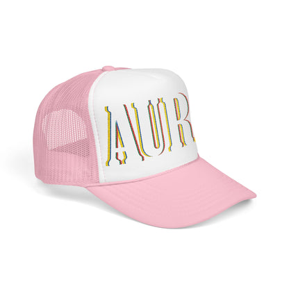 Embroidered 'LAURA' Red Foam Trucker Hat – Vintage Rainbow Stitch Mesh Cap
