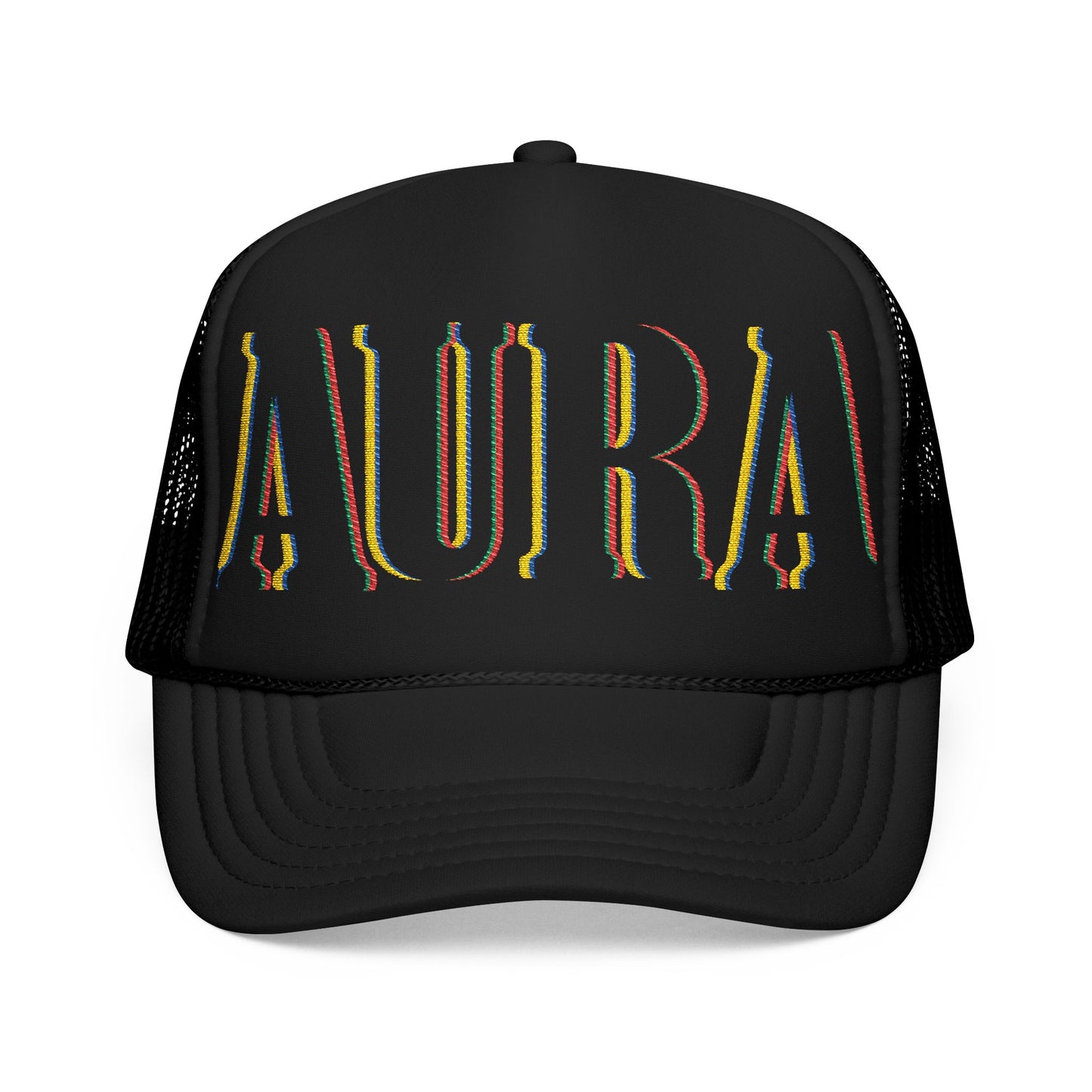 Embroidered 'LAURA' Red Foam Trucker Hat – Vintage Rainbow Stitch Mesh Cap