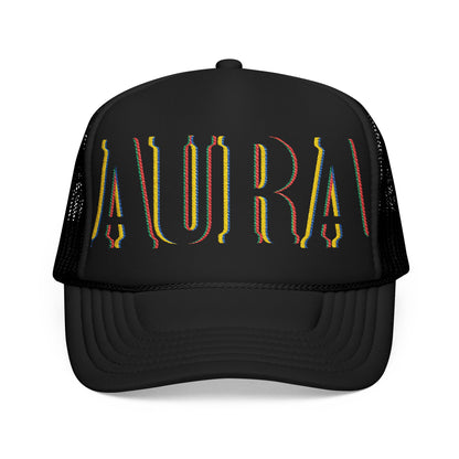 Embroidered 'LAURA' Red Foam Trucker Hat – Vintage Rainbow Stitch Mesh Cap