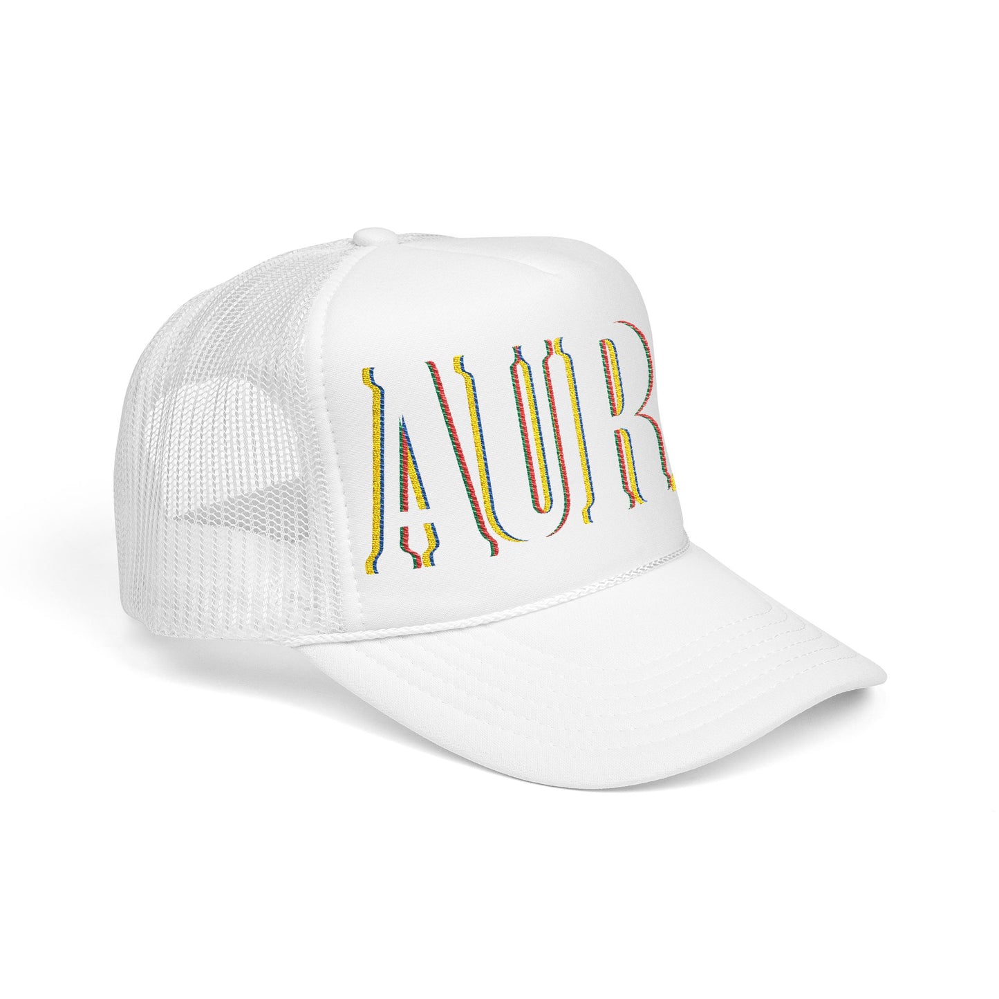 Embroidered 'LAURA' Red Foam Trucker Hat – Vintage Rainbow Stitch Mesh Cap