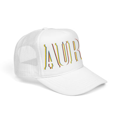 Embroidered 'LAURA' Red Foam Trucker Hat – Vintage Rainbow Stitch Mesh Cap