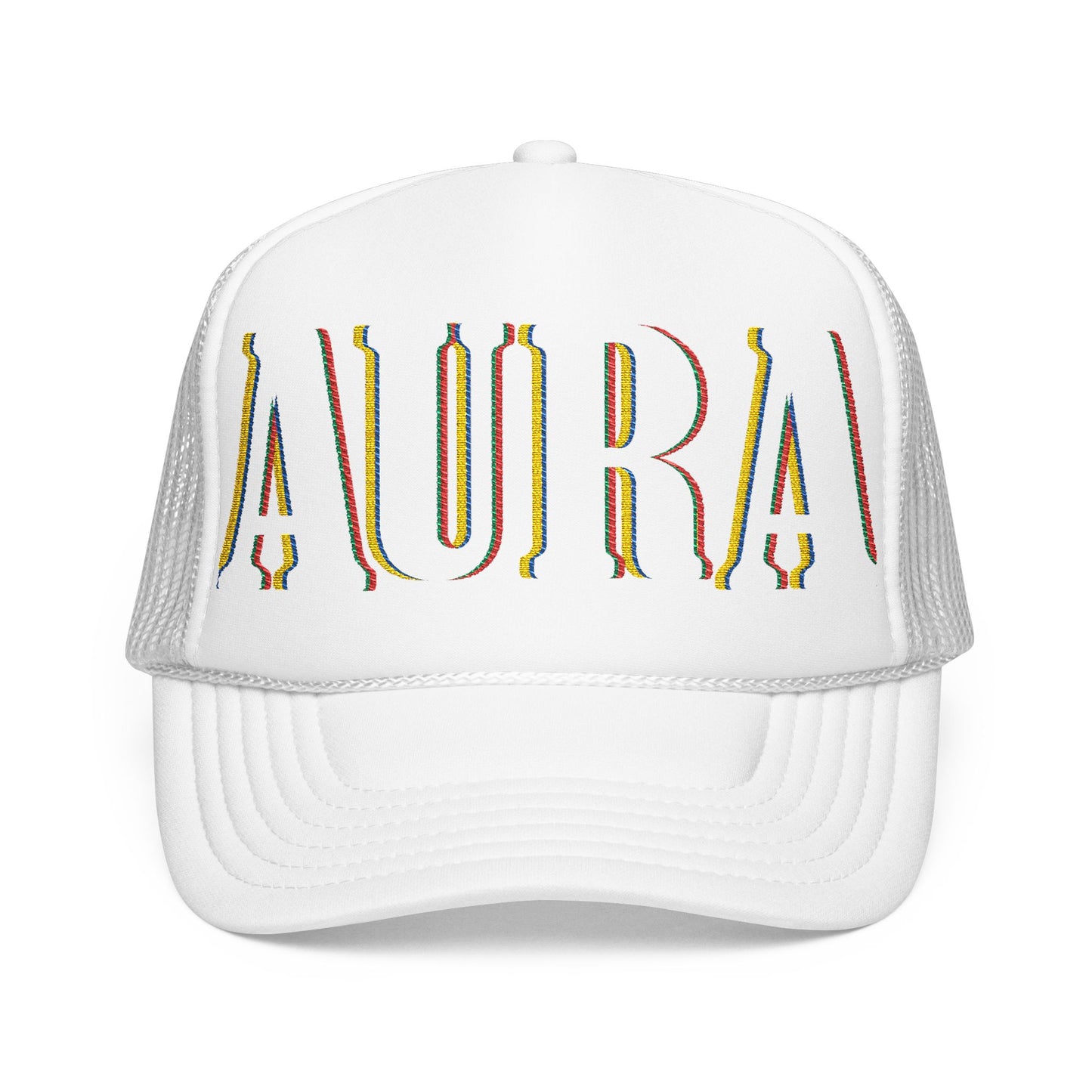Embroidered 'LAURA' Red Foam Trucker Hat – Vintage Rainbow Stitch Mesh Cap