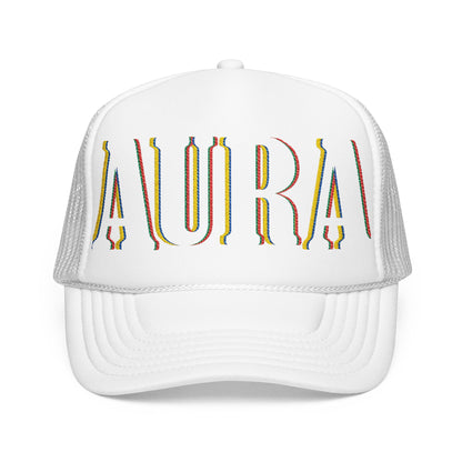 Embroidered 'LAURA' Red Foam Trucker Hat – Vintage Rainbow Stitch Mesh Cap