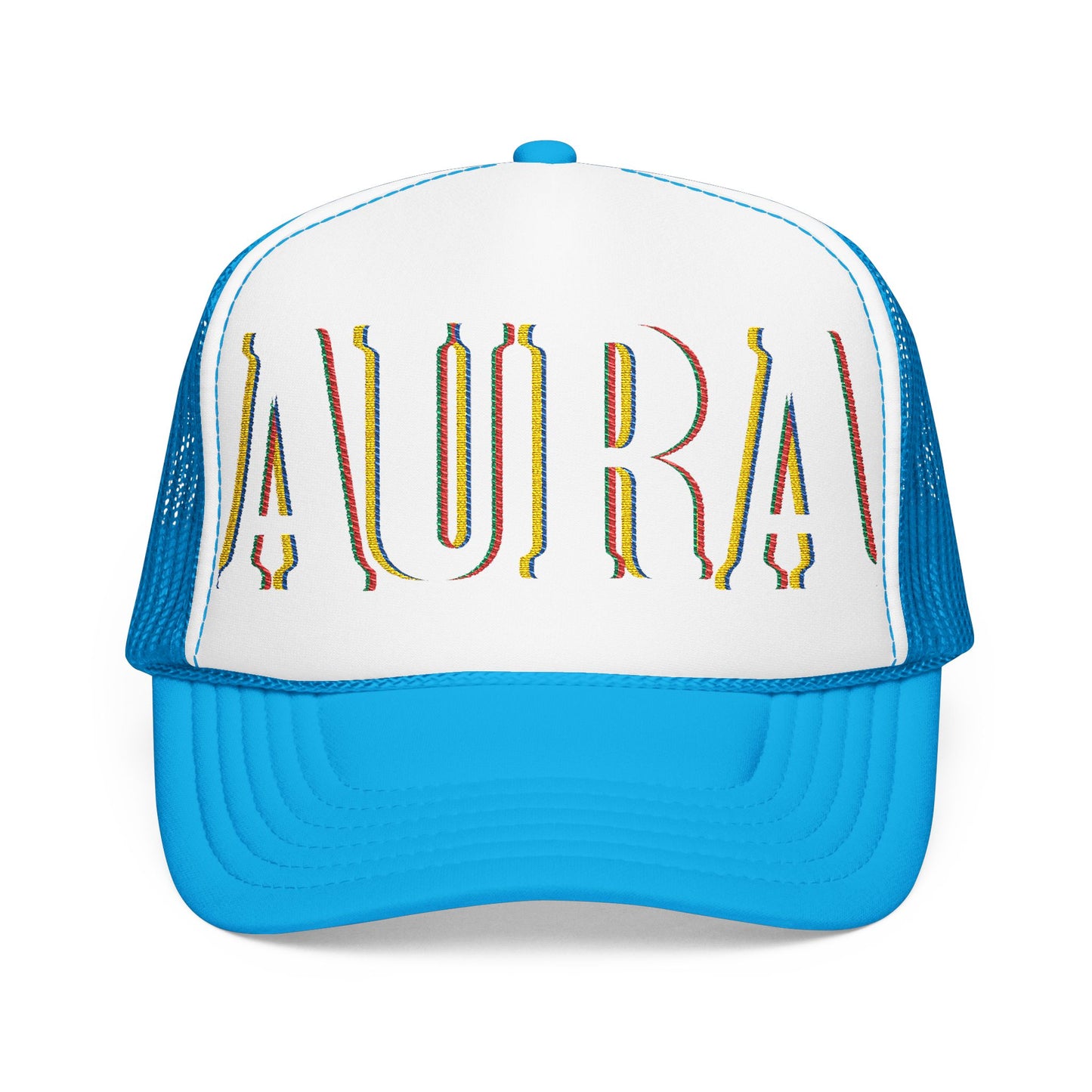 Embroidered 'LAURA' Red Foam Trucker Hat – Vintage Rainbow Stitch Mesh Cap