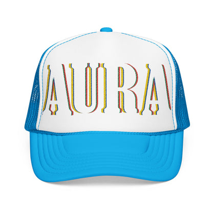 Embroidered 'LAURA' Red Foam Trucker Hat – Vintage Rainbow Stitch Mesh Cap