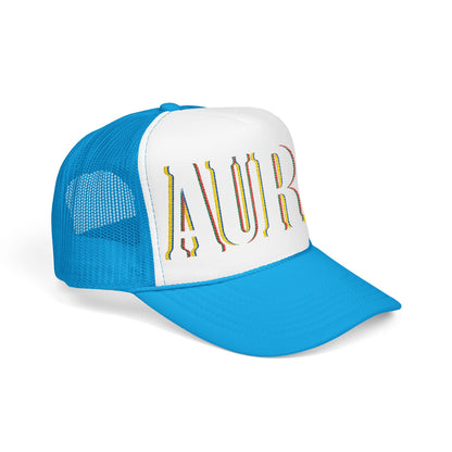 Embroidered 'LAURA' Red Foam Trucker Hat – Vintage Rainbow Stitch Mesh Cap
