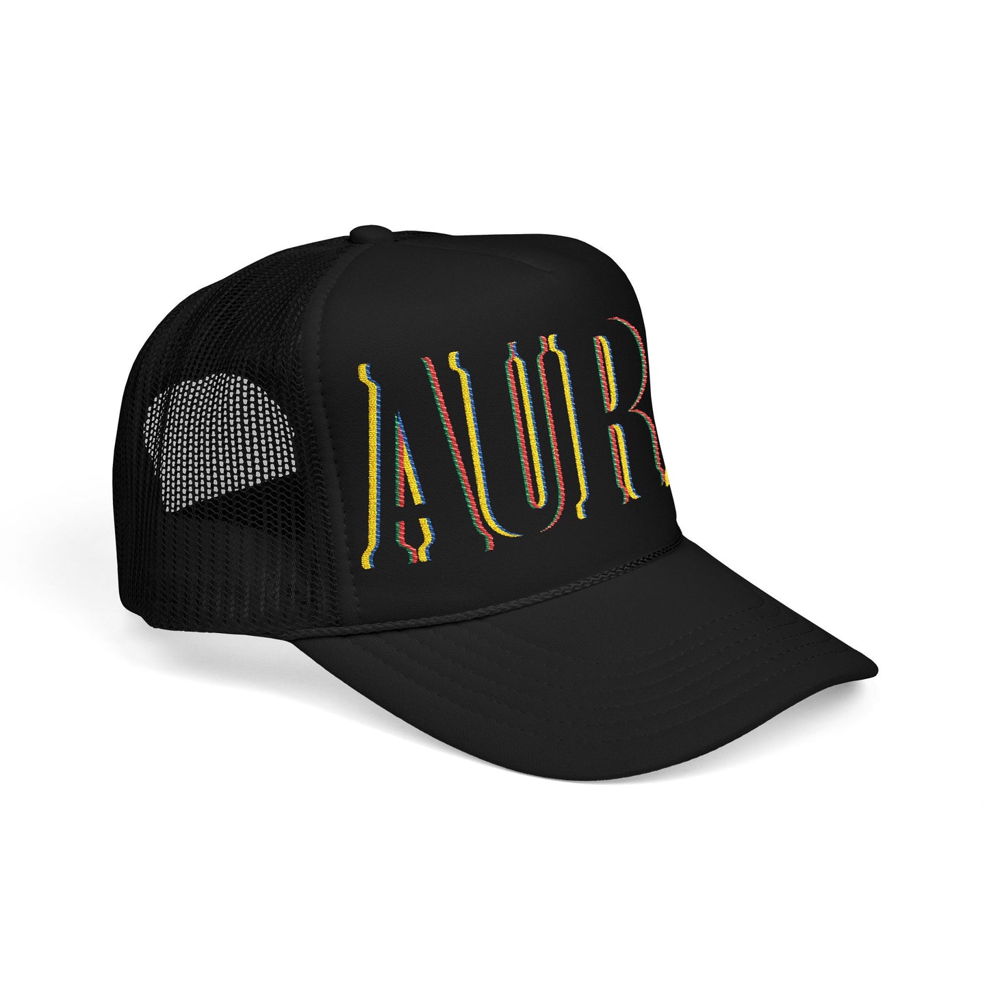 Embroidered 'LAURA' Red Foam Trucker Hat – Vintage Rainbow Stitch Mesh Cap