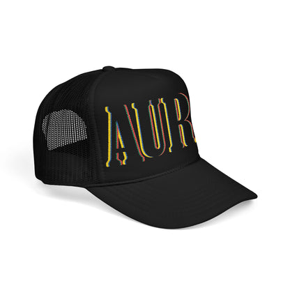 Embroidered 'LAURA' Red Foam Trucker Hat – Vintage Rainbow Stitch Mesh Cap