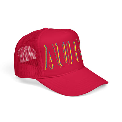 Embroidered 'LAURA' Red Foam Trucker Hat – Vintage Rainbow Stitch Mesh Cap