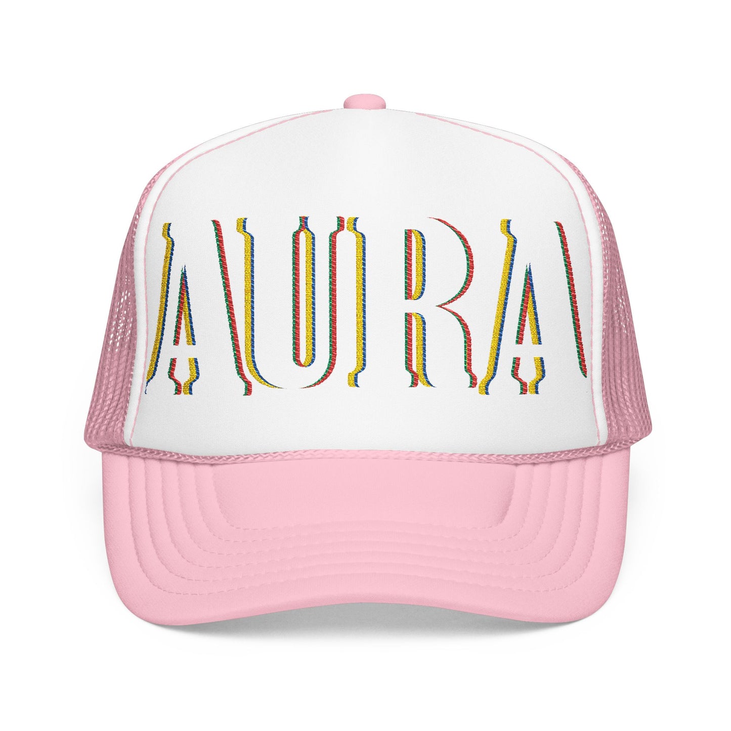 Embroidered 'LAURA' Red Foam Trucker Hat – Vintage Rainbow Stitch Mesh Cap