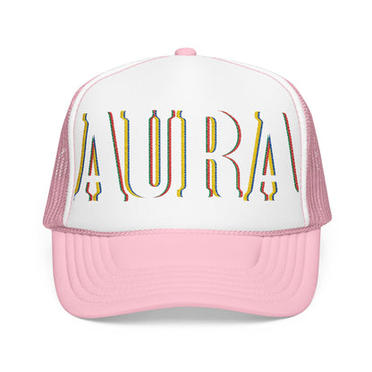 Embroidered 'LAURA' Red Foam Trucker Hat – Vintage Rainbow Stitch Mesh Cap