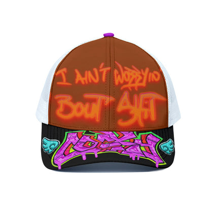 😌 I AIN'T WORRYIN BOUT SH!T COCKY 💩 - Unisex Peaked Cap With White Half-mesh